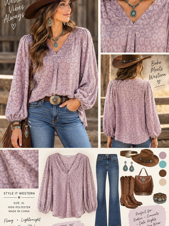 Tops - ANDTHEWHY L Mauve Lavender Animal Print V-Neck Long Sleeve Blouse
